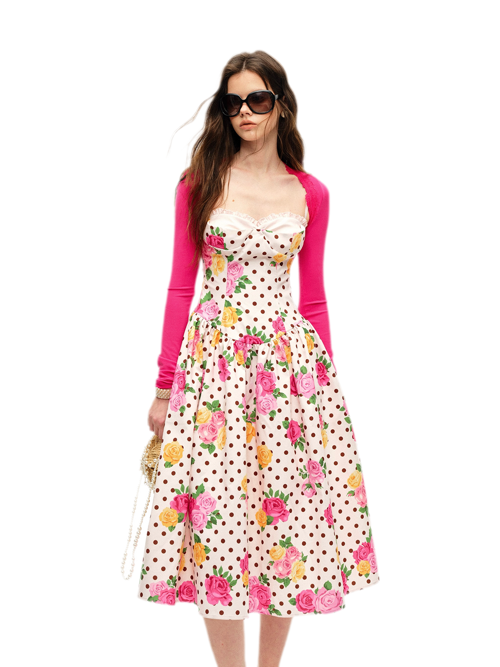 Retro French Polka Dot Rose Lyocell Midi Dress with Bustier Bodice