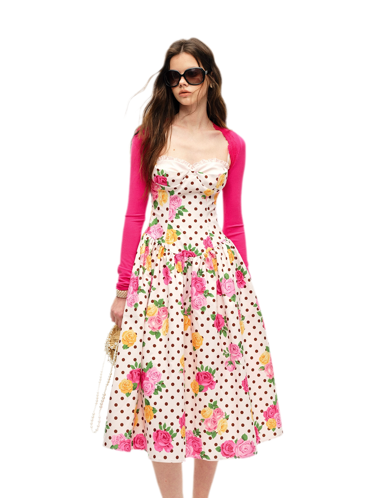 Retro French Polka Dot Rose Lyocell Midi Dress with Bustier Bodice