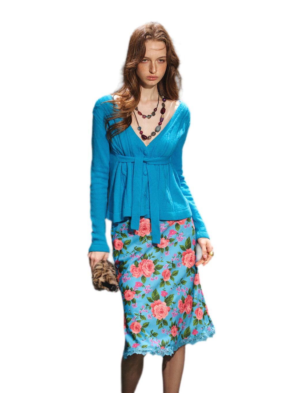 Y2K Textured V-Neck Wool Knit Cardigan & Rose Print Skirt Set