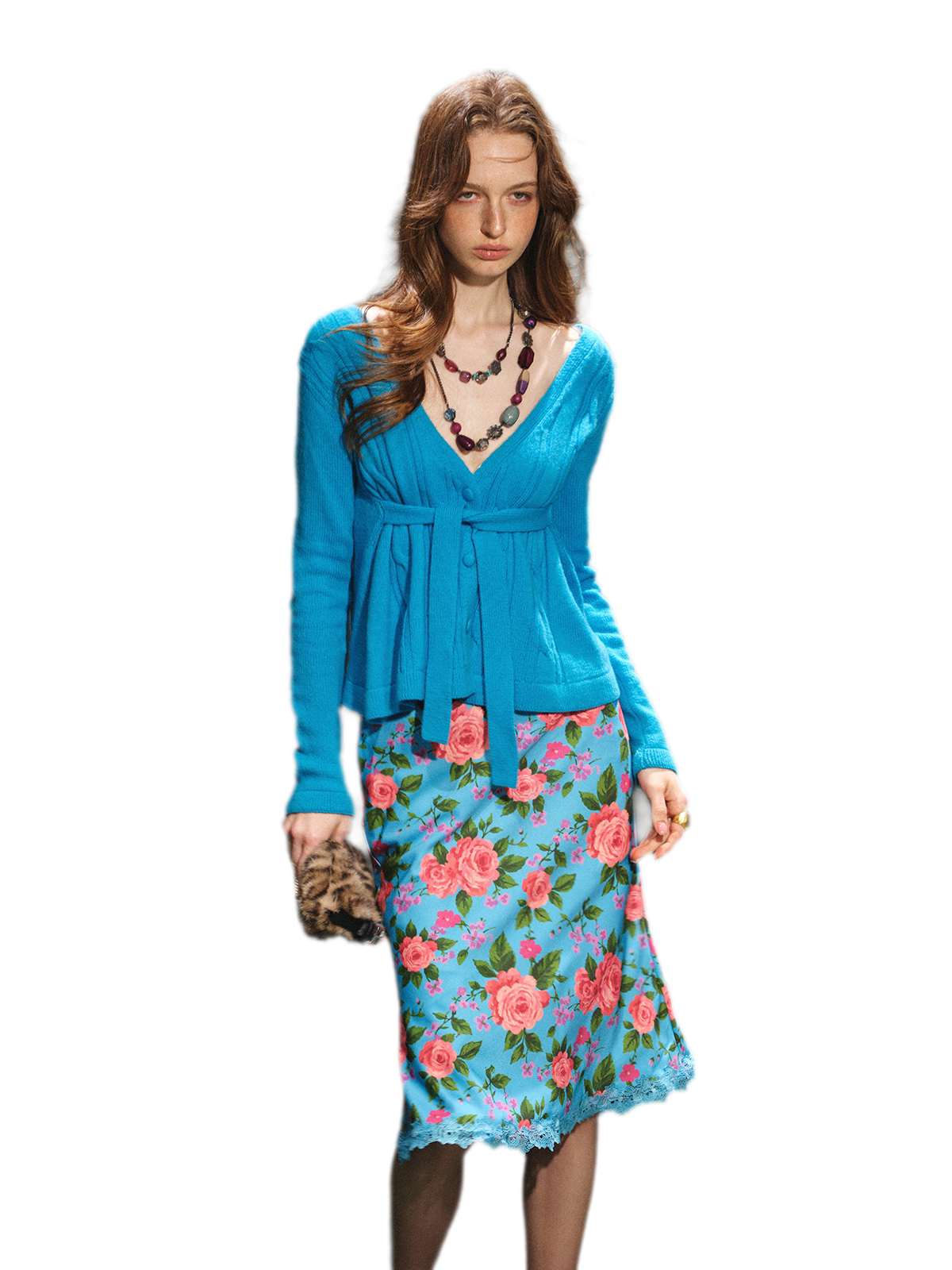 Y2K Textured V-Neck Wool Knit Cardigan & Rose Print Skirt Set