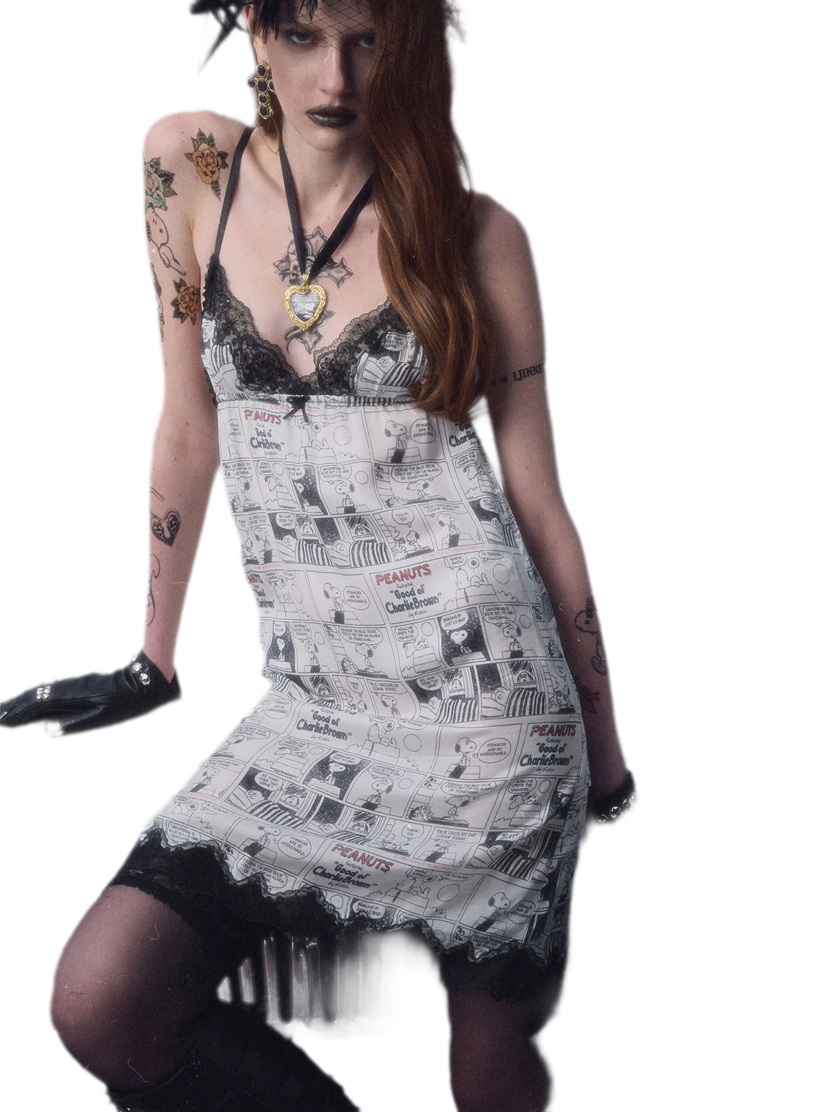 Vintage Newspaper Print Lace Trim Camisole Dress