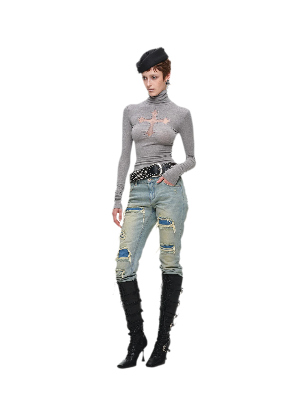 Rhinestone Lace Cross Fitted Turtleneck Knit Top