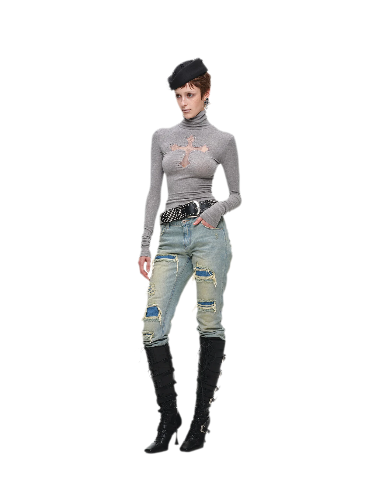 Rhinestone Lace Cross Fitted Turtleneck Knit Top