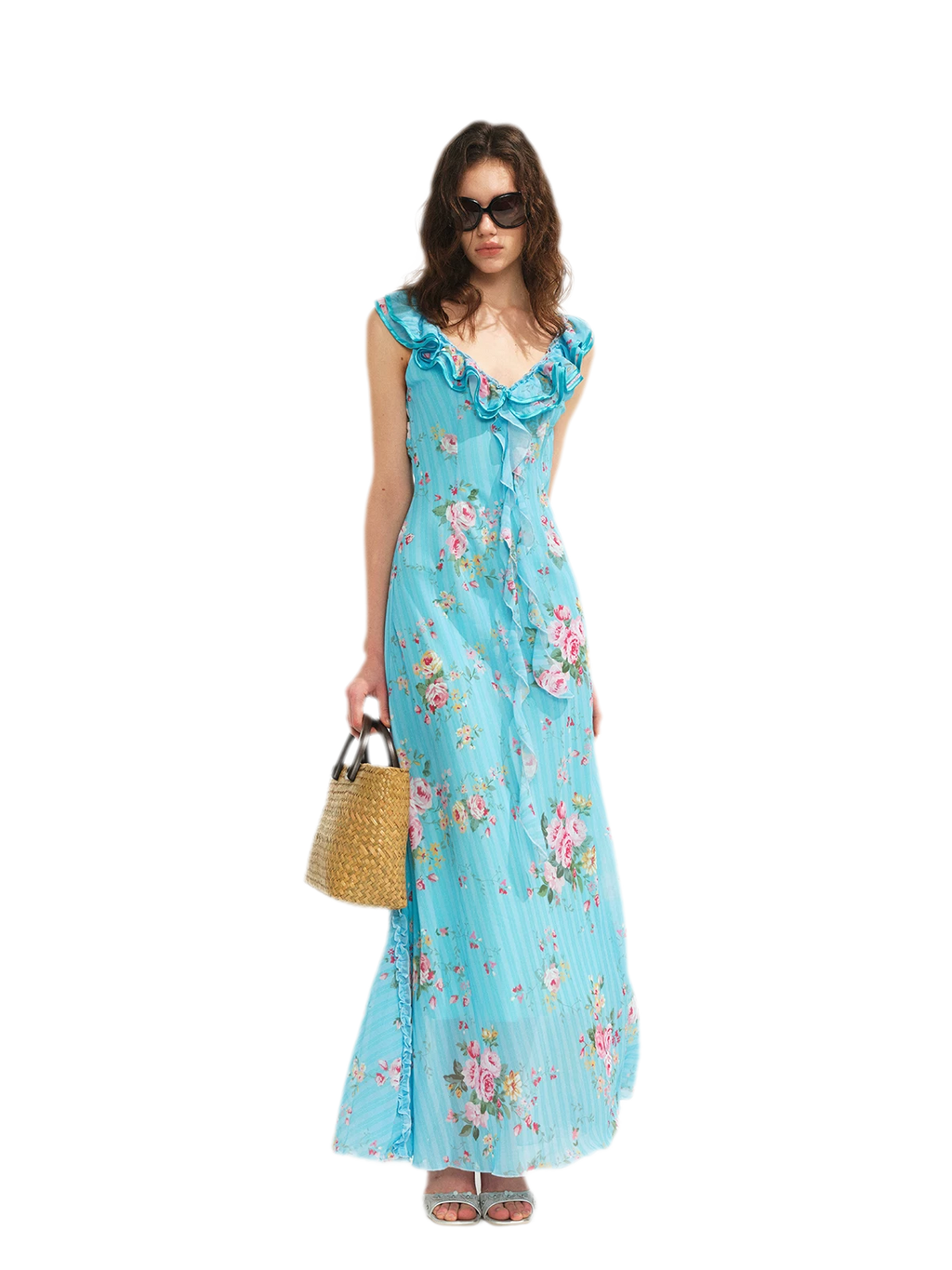 Glacier Rose Floral Chiffon Lace Trim Mermaid Dress