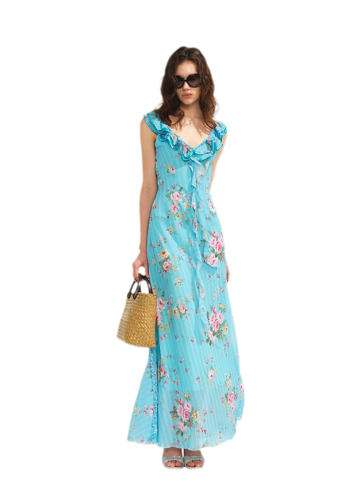 Glacier Rose Floral Chiffon Lace Trim Mermaid Dress