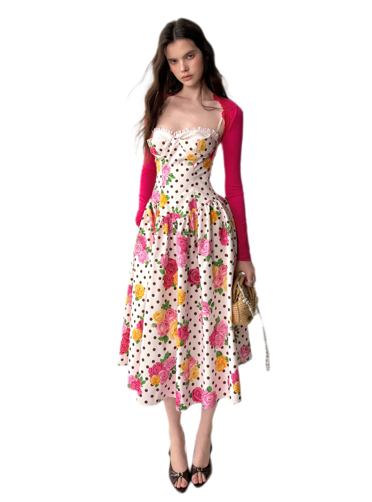 Retro French Polka Dot Rose Lyocell Midi Dress with Bustier Bodice