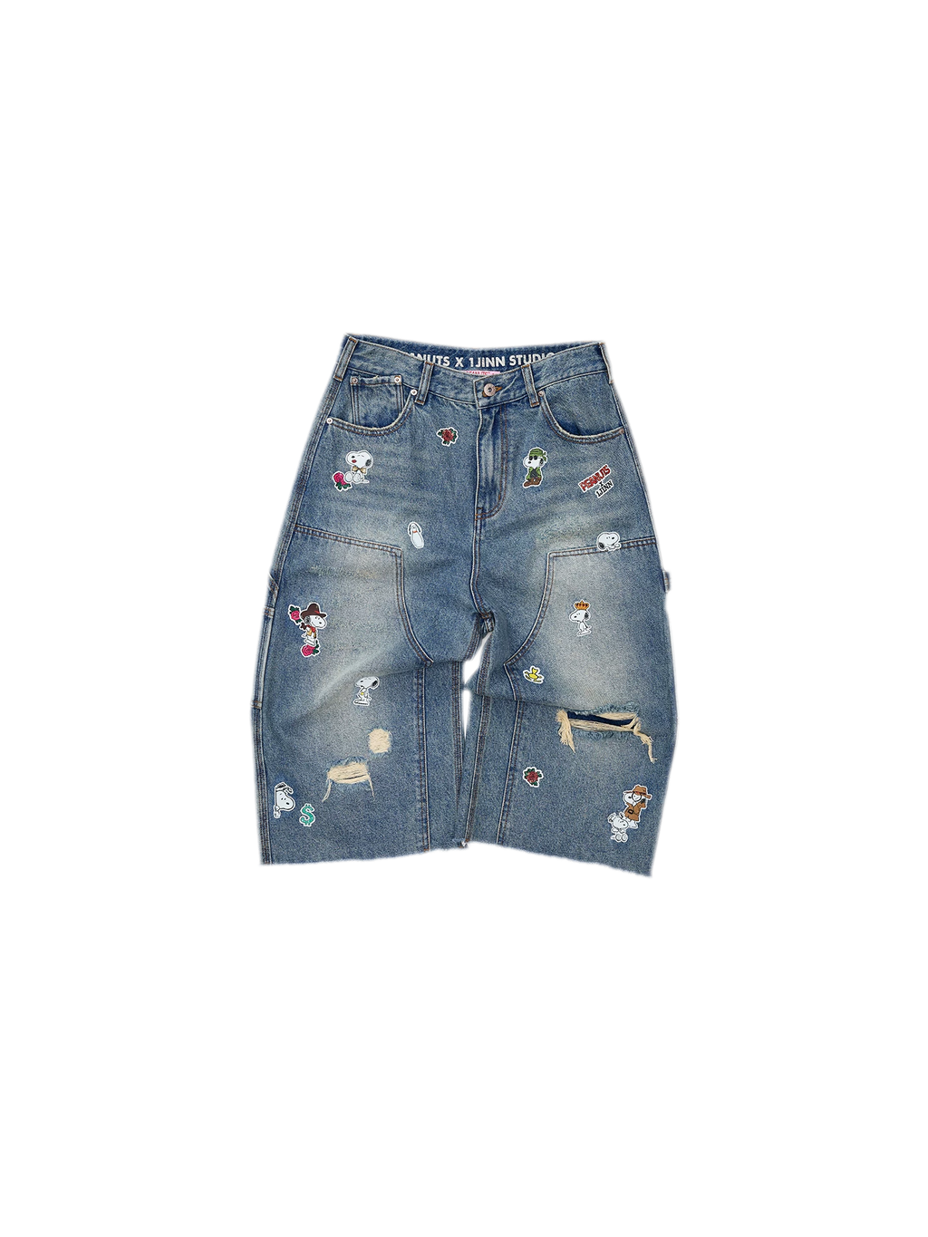 Washed Distressed Cropped Cargo Jeans with Patches