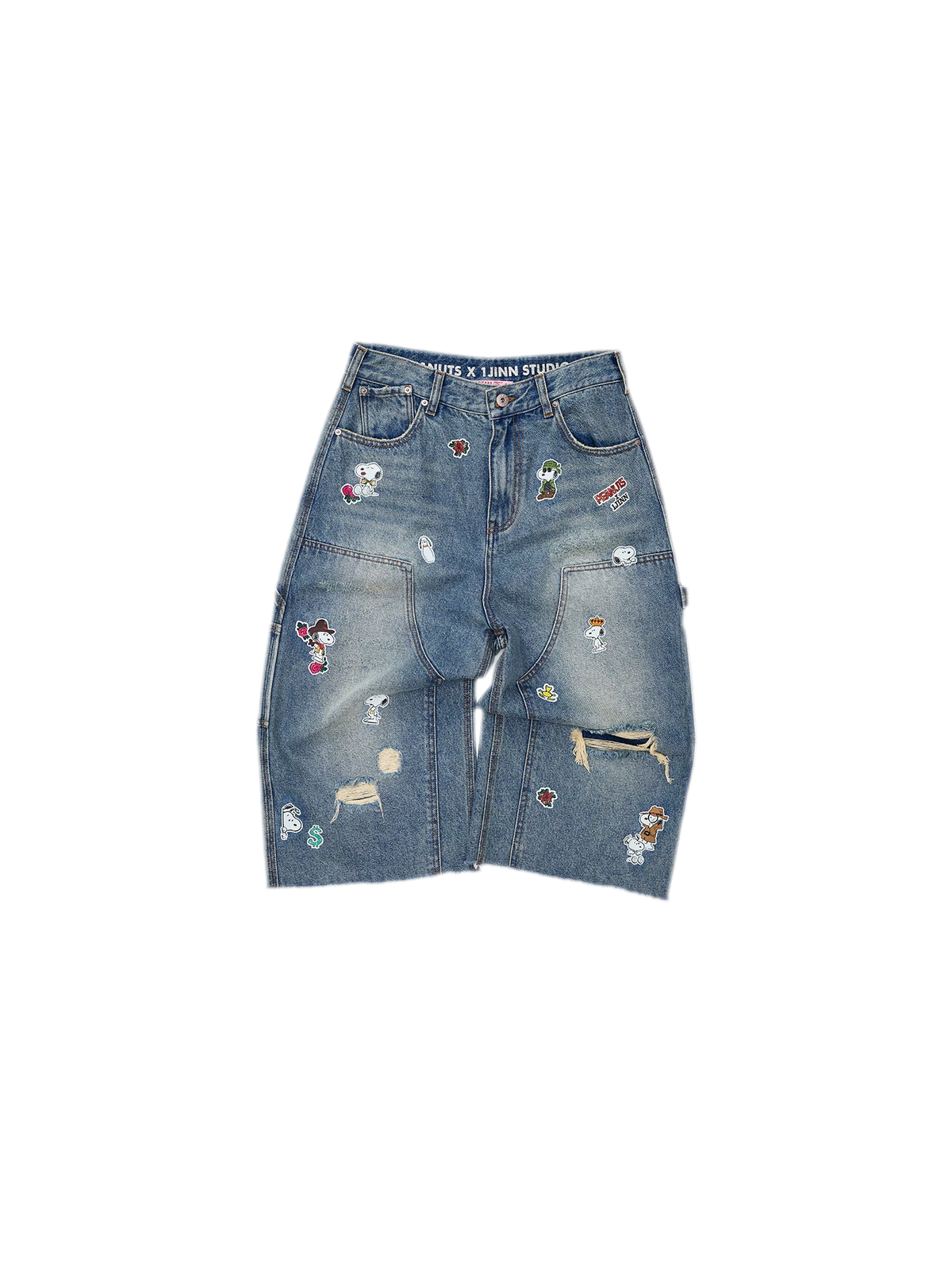 Washed Distressed Cropped Cargo Jeans with Patches