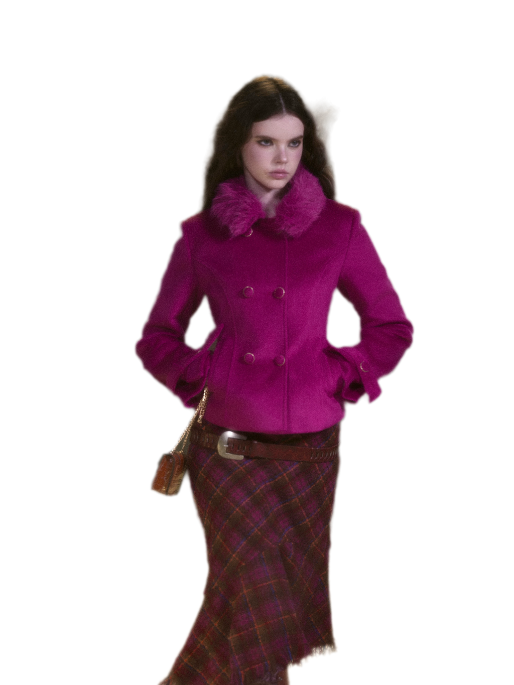 Vintage Burgundy Wool Jacket & Plaid Fishtail Skirt Set with Fur Collar