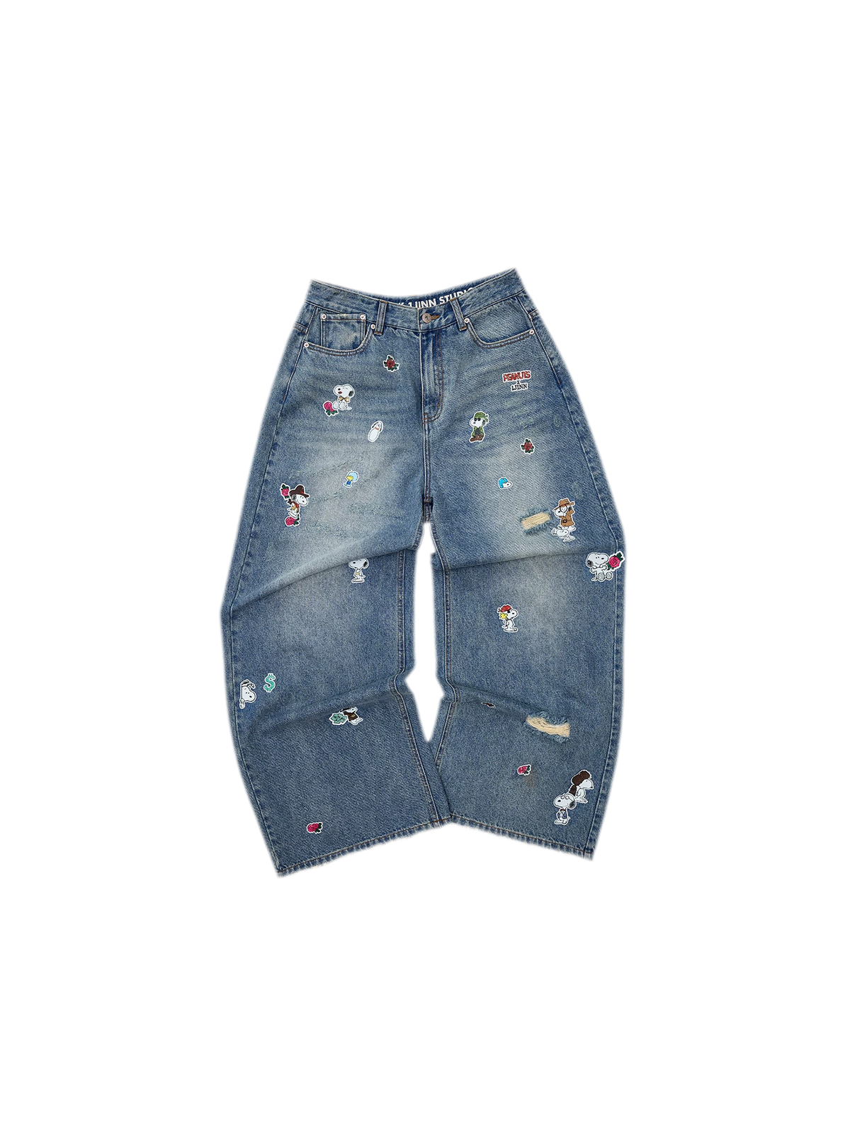 Washed Distressed Wide-Leg Patch Jeans