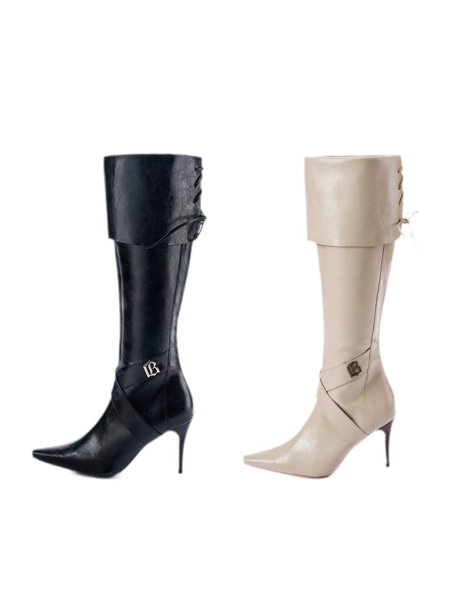 Oil-Waxed Pointed-Toe Tall Boots – Vintage Faux Leather Stiletto Knee-High Boots
