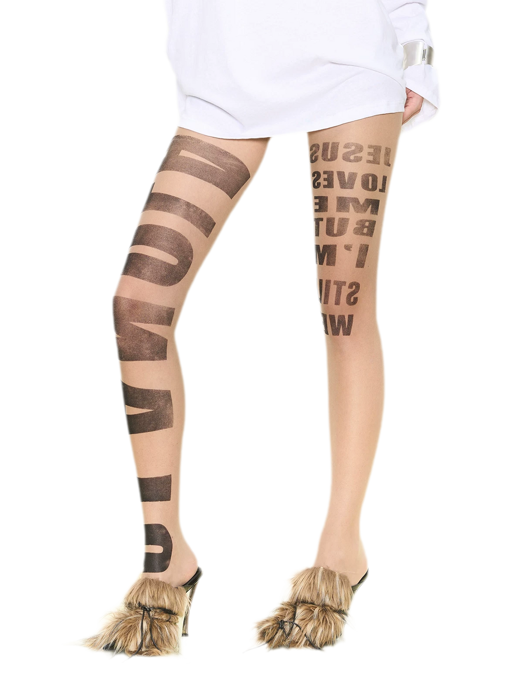 NOLA Sheer Letter Print Tights – 10D Seamless Nude Pantyhose