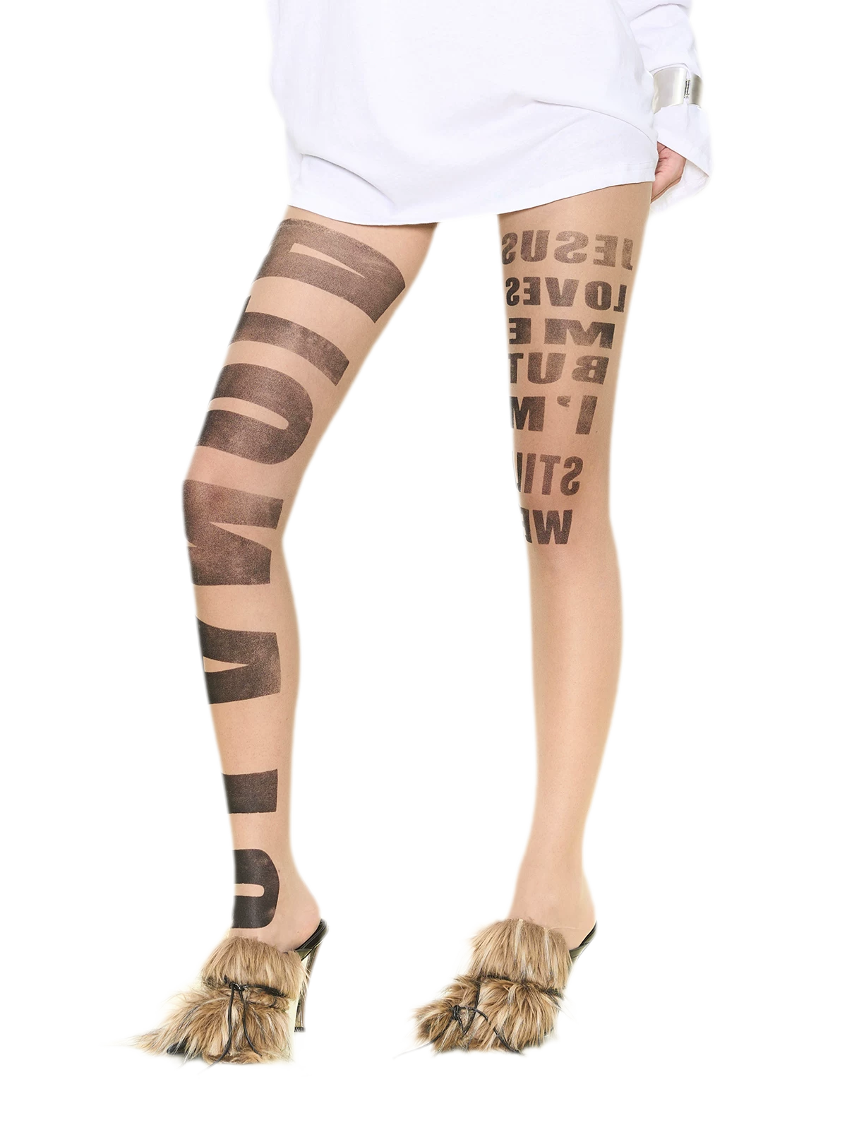 NOLA Sheer Letter Print Tights – 10D Seamless Nude Pantyhose