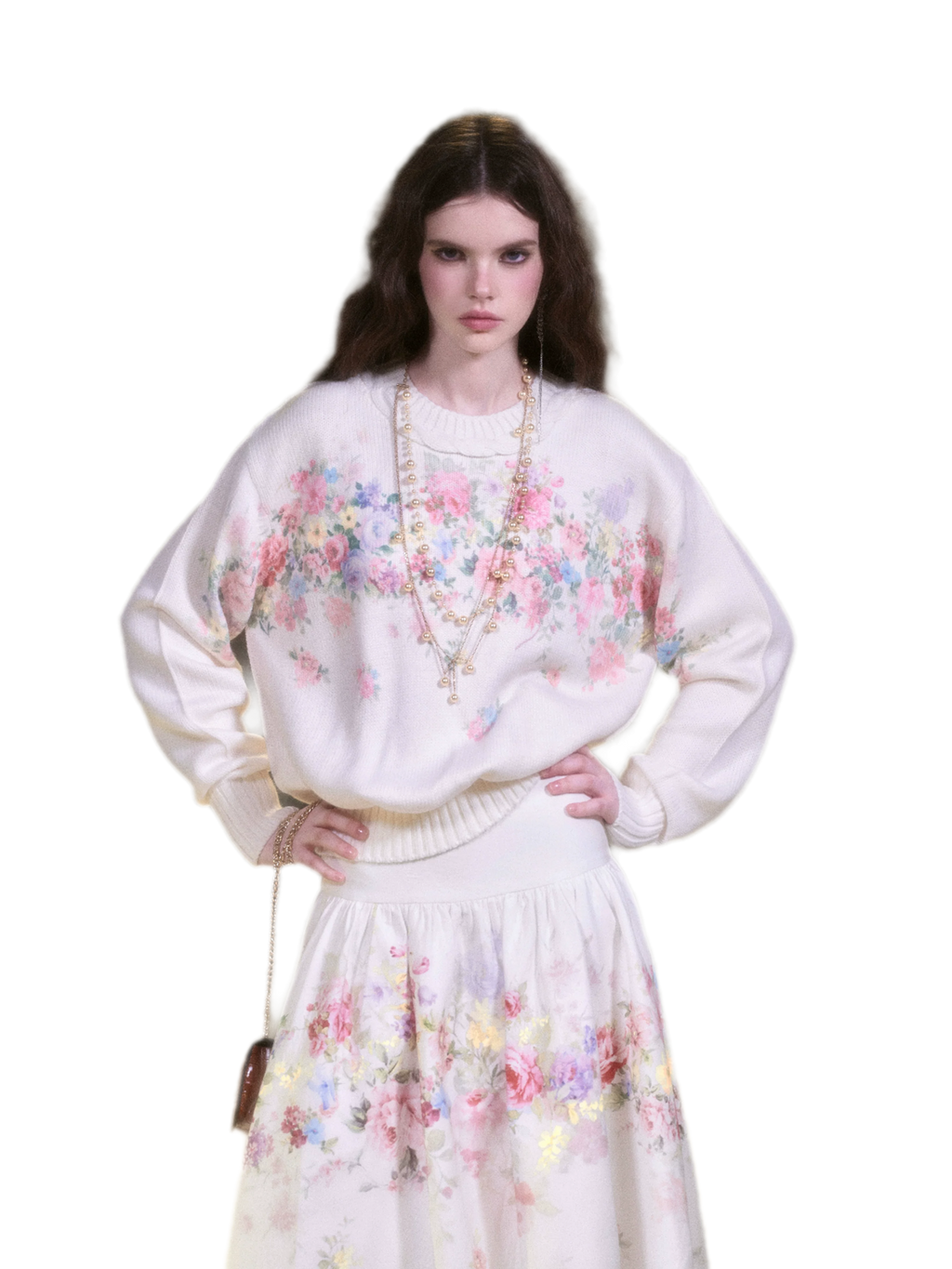 Vintage Floral Print Knit Sweater & Lyocell Skirt Set