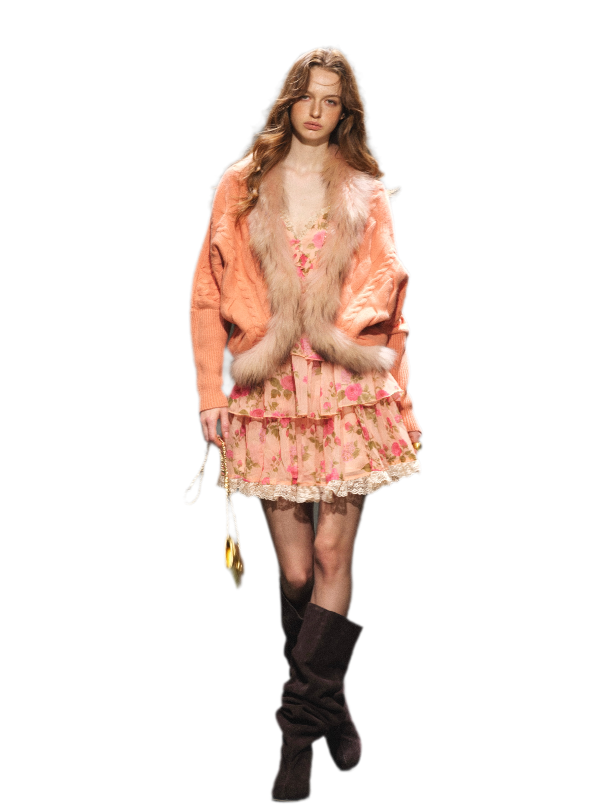 Cropped Cable Knit Batwing Wool Cardigan with Plush Fur Collar