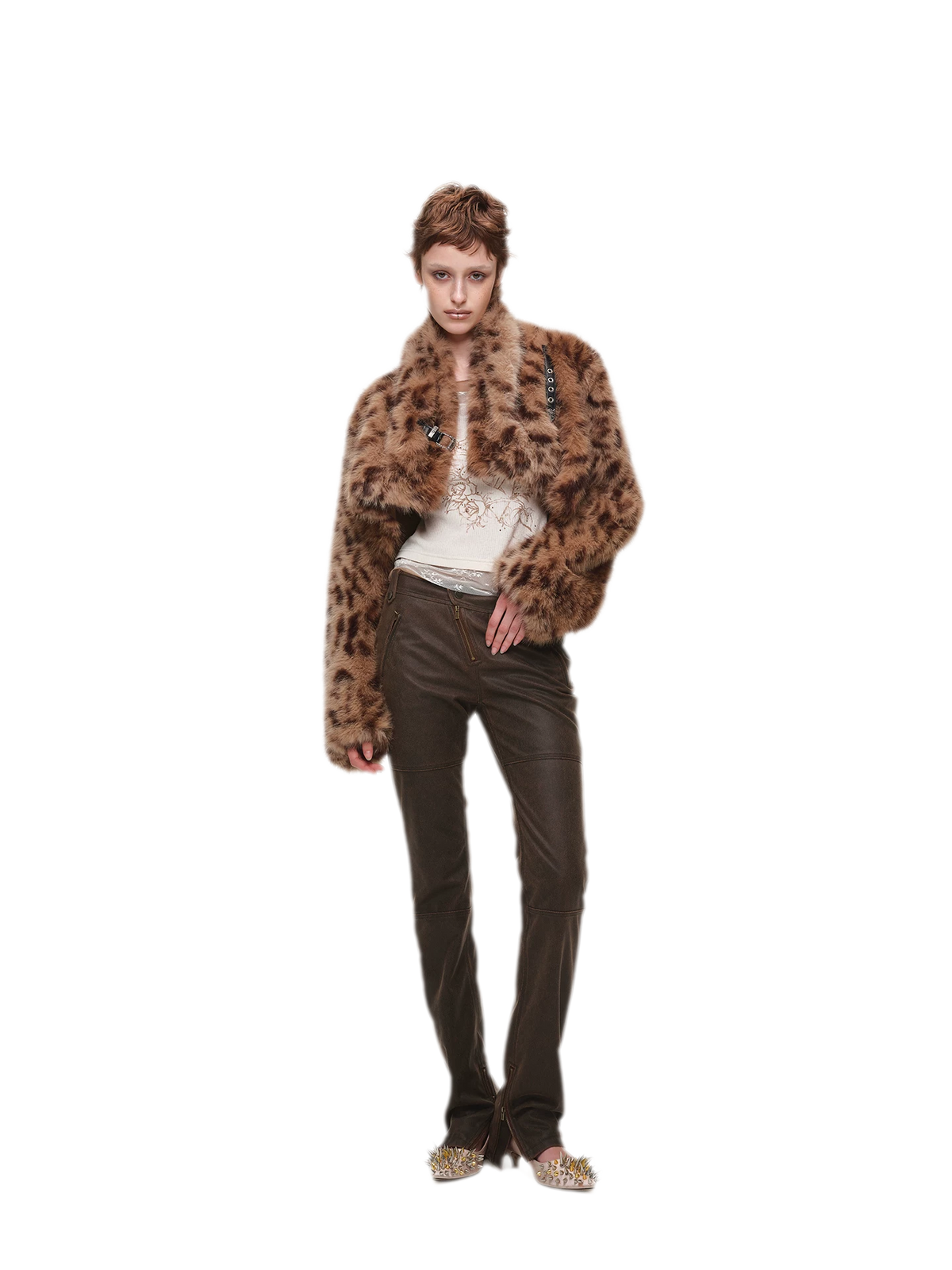 Plush Leopard Print Cropped Faux Fur Coat
