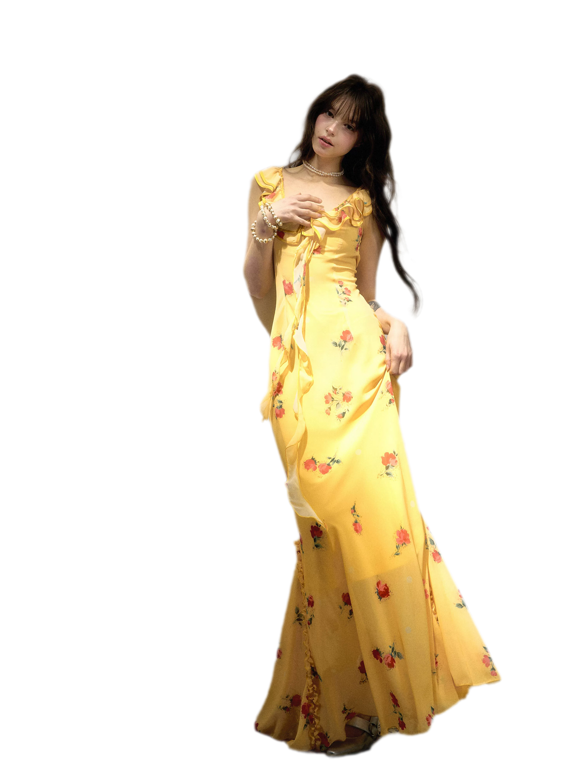 Yellow Floral Reversible Ruffle Maxi Dress with Detachable Lace Ribbon