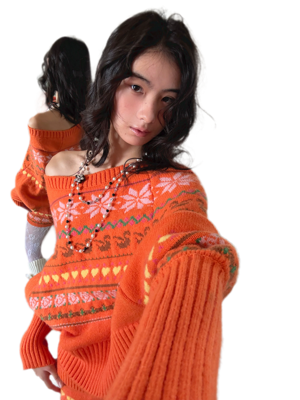 Fair Isle Celestial Jacquard One-Shoulder Knit Top & Skirt Set with Rose Scarf