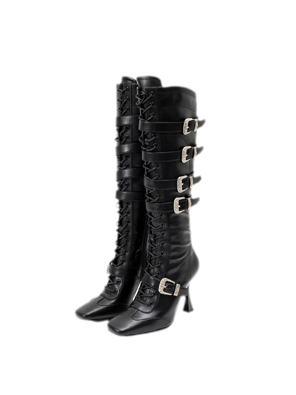 Black metal buckle knee-high stiletto boots