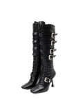 Black metal buckle knee-high stiletto boots