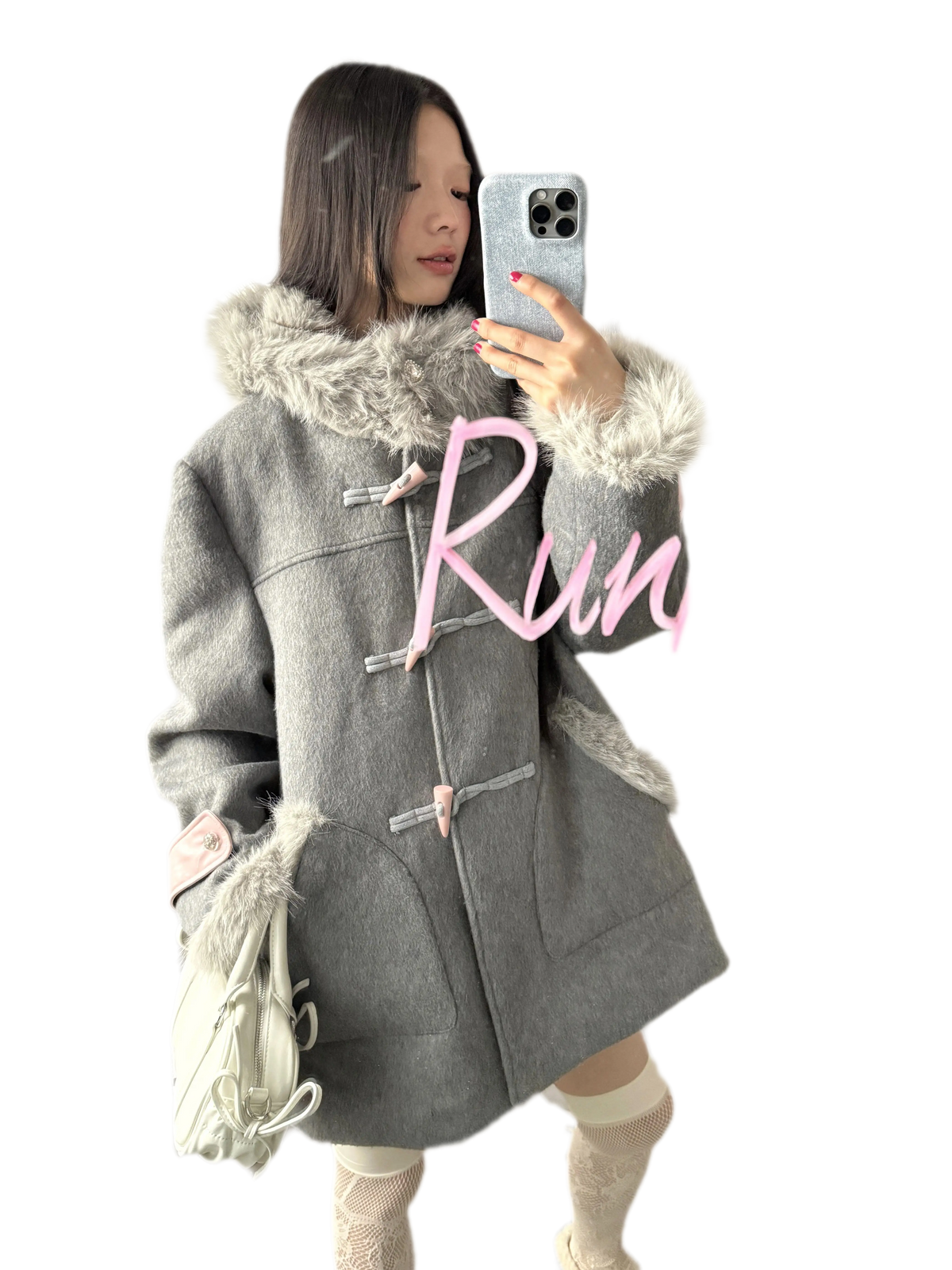 Wool Blend Hooded Duffle Coat with Plush Trim in Pink & Gray