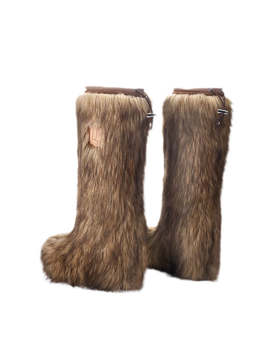 Eco-Fur Tall Wedge Boots – Brown Faux Fur Platform Winter Boots