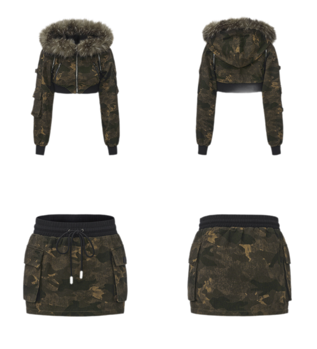 24ANS Camouflage Cropped Jacket Skirt Set - worn 2