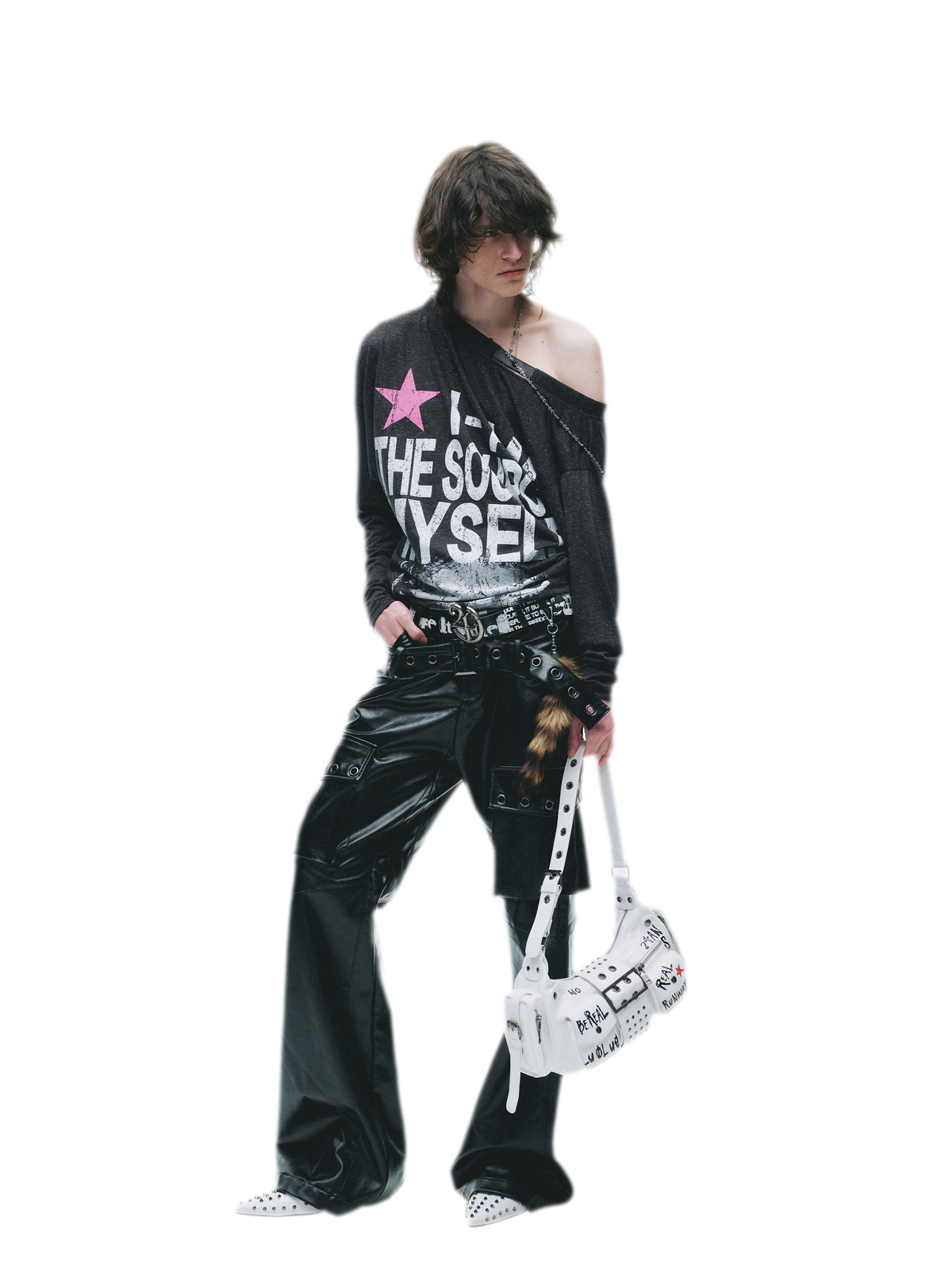 24ANS Distressed One-Shoulder Graphic T-Shirt - worn 1