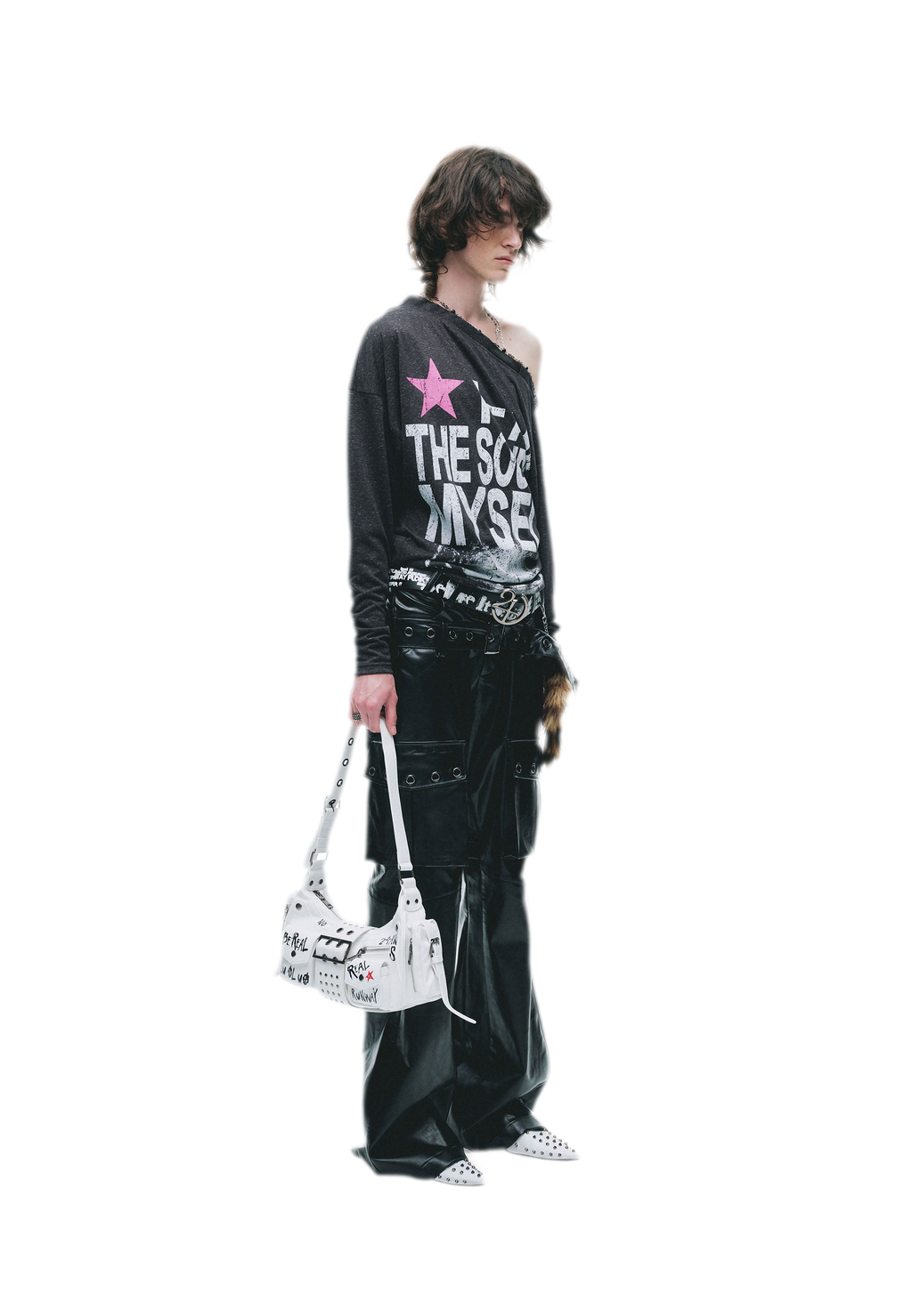 24ANS Distressed One-Shoulder Graphic T-Shirt - worn 3