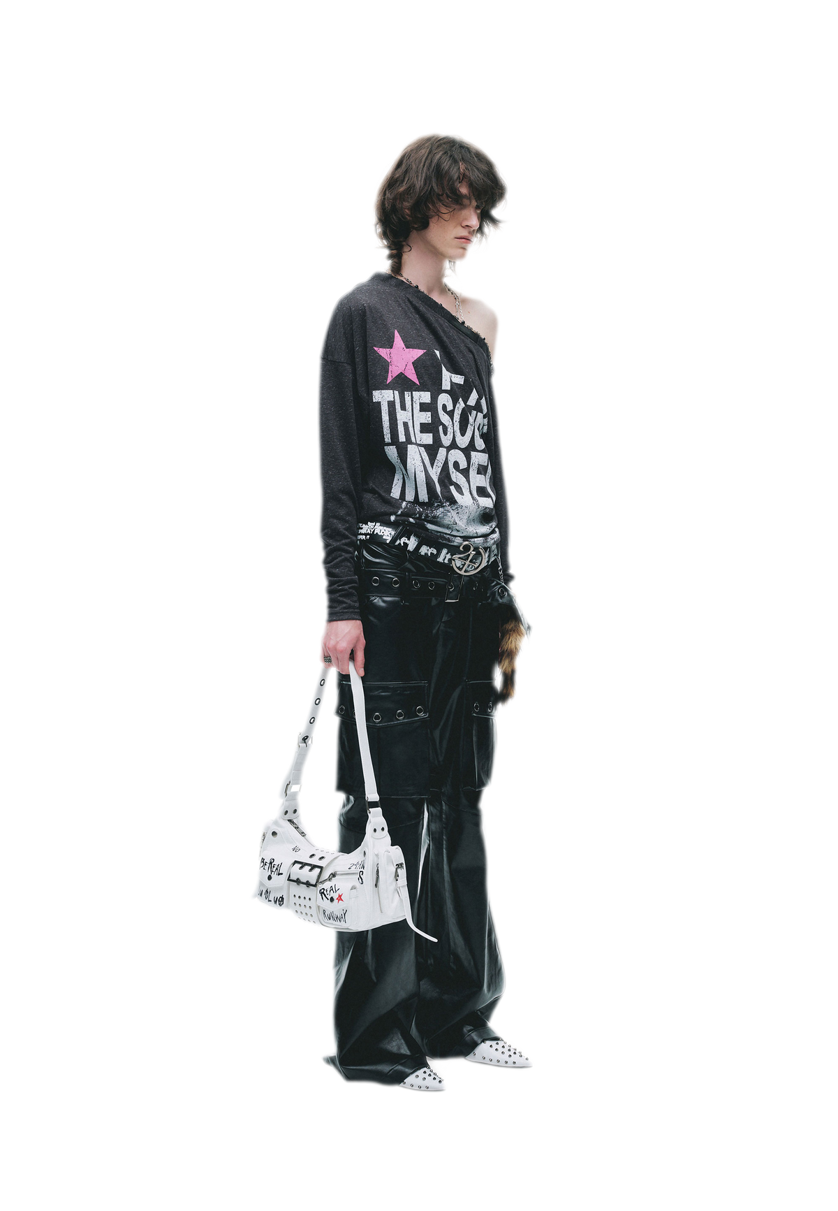 24ANS Distressed One-Shoulder Graphic T-Shirt - worn 3