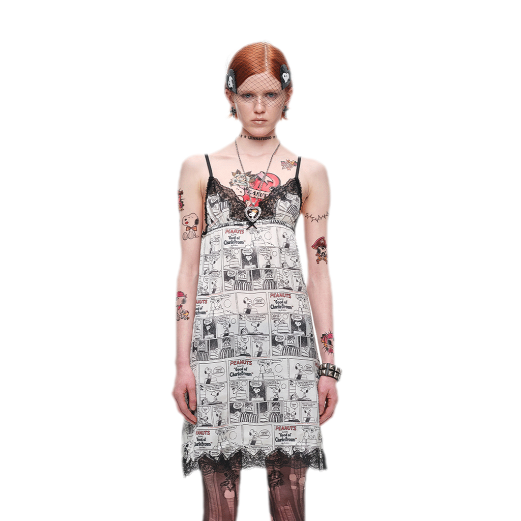 Vintage newspaper print lace trim camisole dress