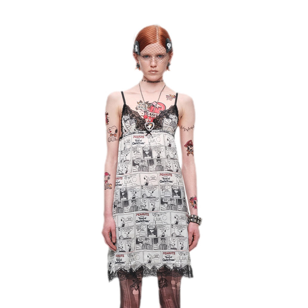 Vintage newspaper print lace trim camisole dress