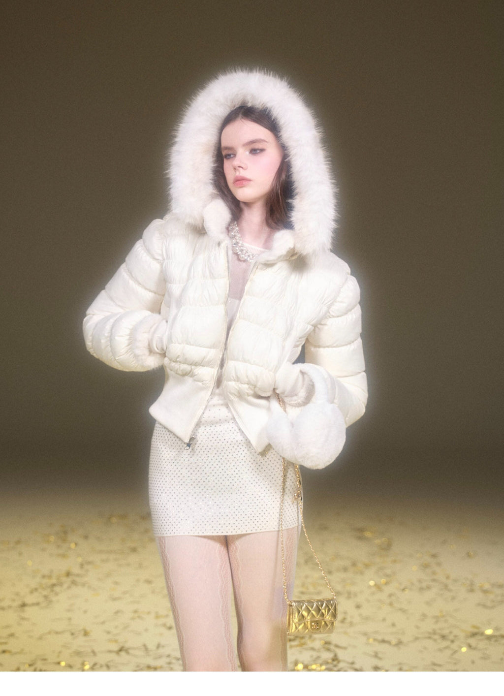 White Reversible Faux Fur Cropped Puffer Jacket with Hood