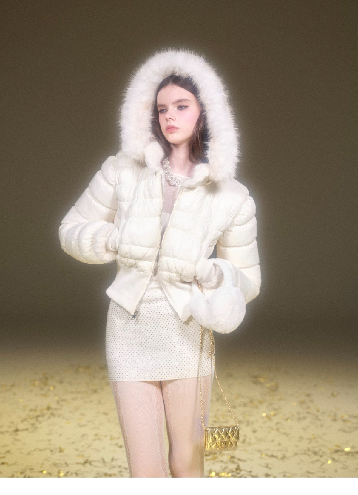 White Reversible Faux Fur Cropped Puffer Jacket with Hood