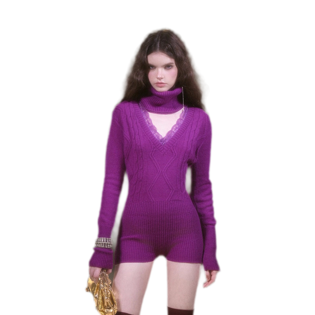 Wool cable knit fitted bodysuit with lace neckline