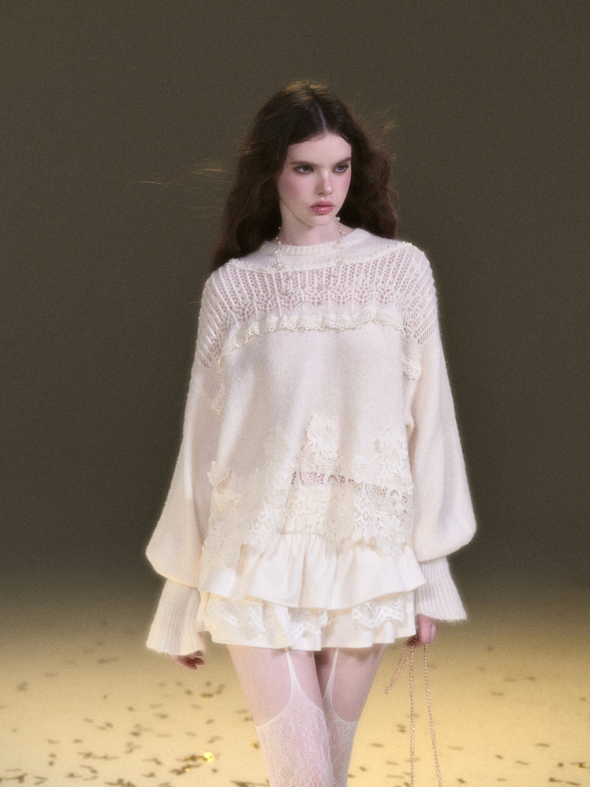 White Mohair Lace Knit Sweater & Skirt Set