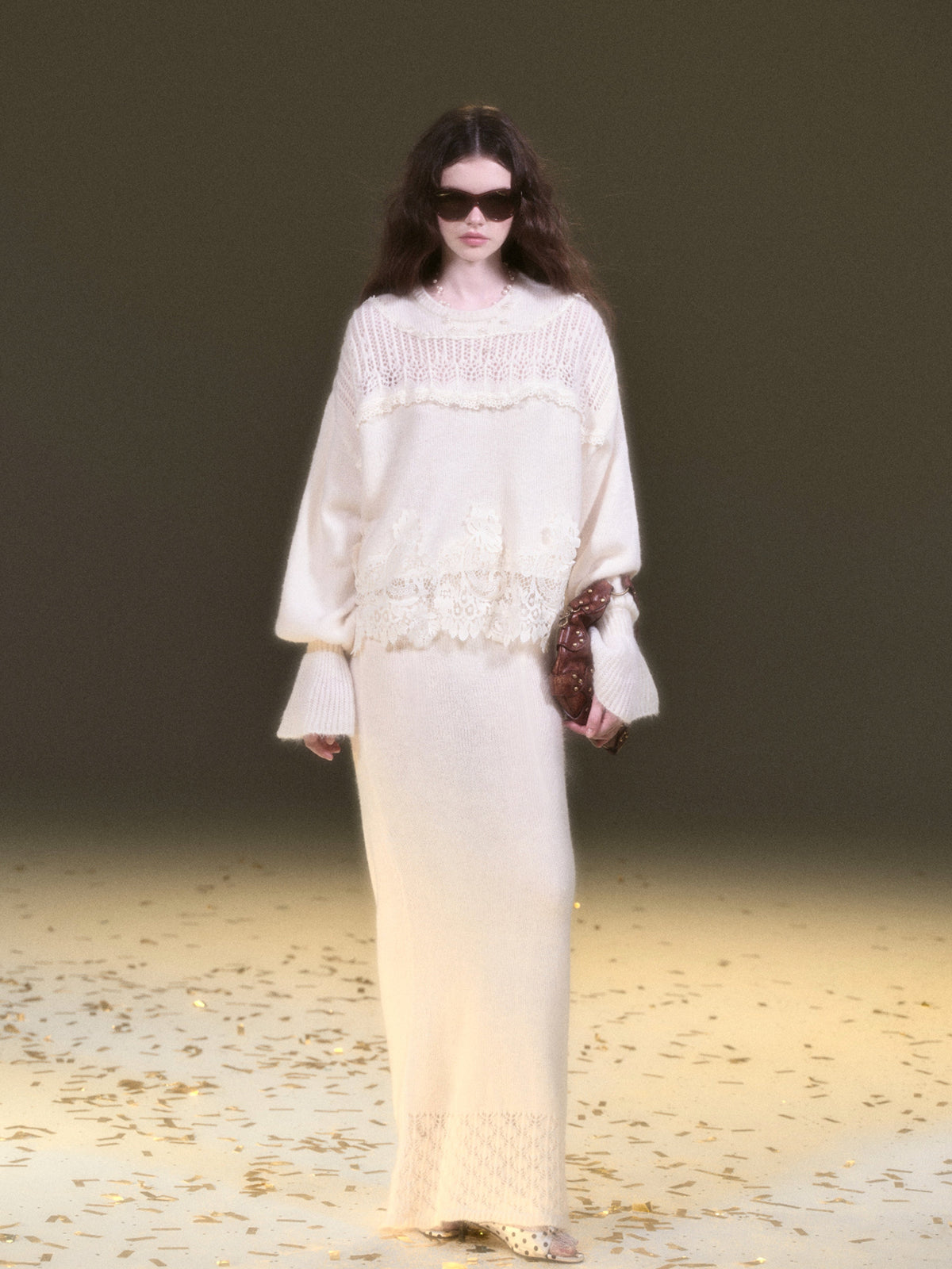 White Mohair Lace Knit Sweater & Skirt Set