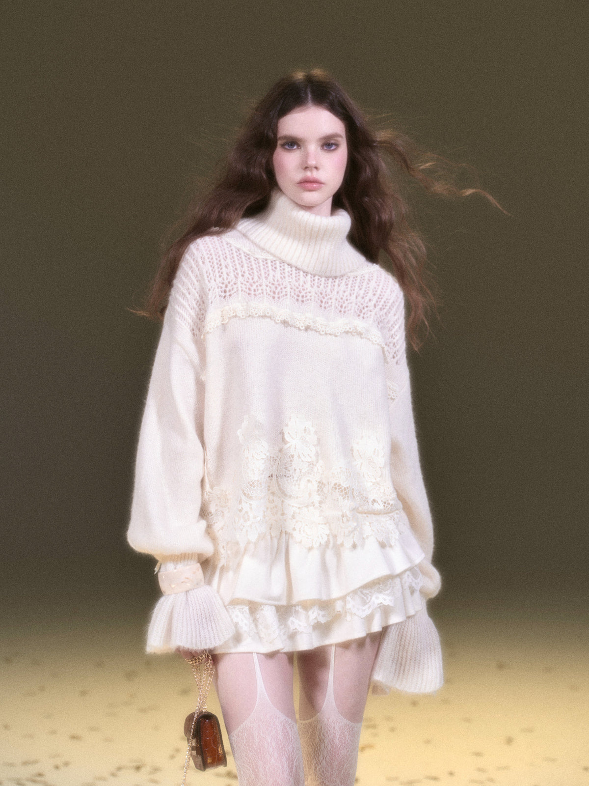 White Mohair Lace Knit Sweater & Skirt Set
