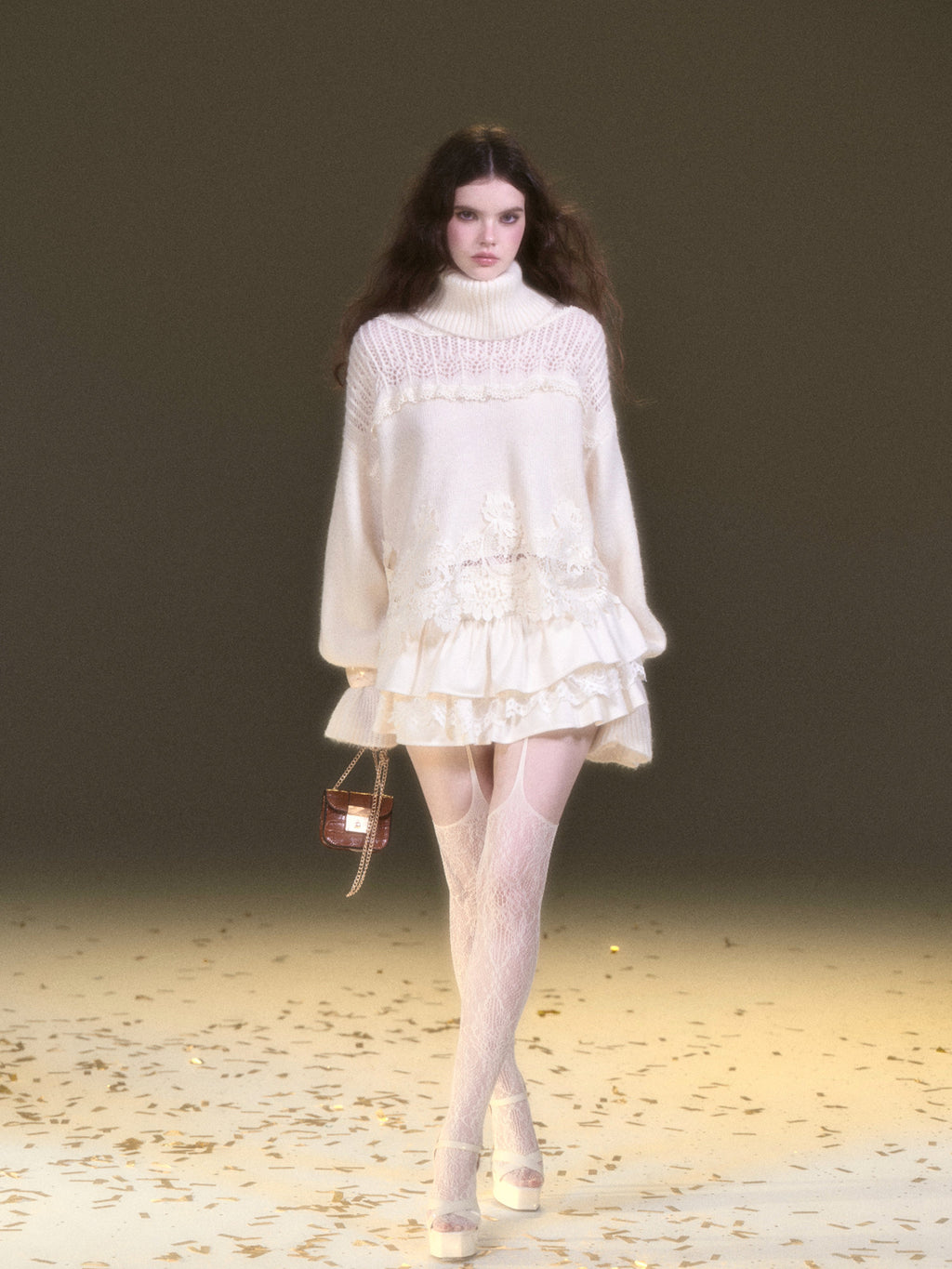 White Mohair Lace Knit Sweater & Skirt Set