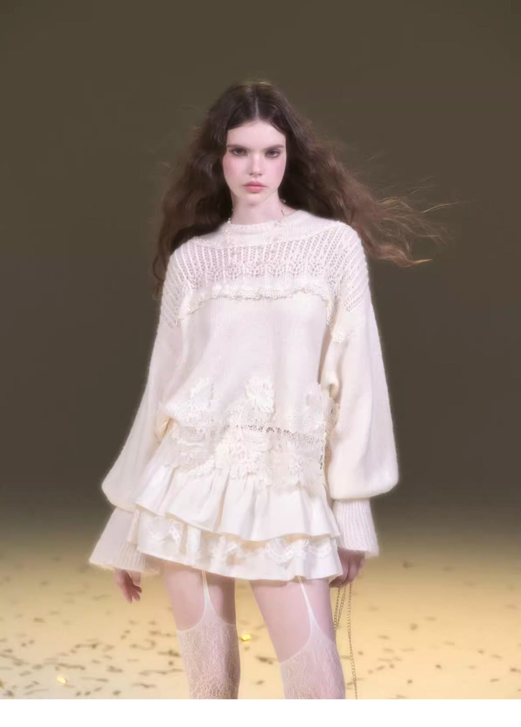 White Mohair Lace Knit Sweater & Skirt Set