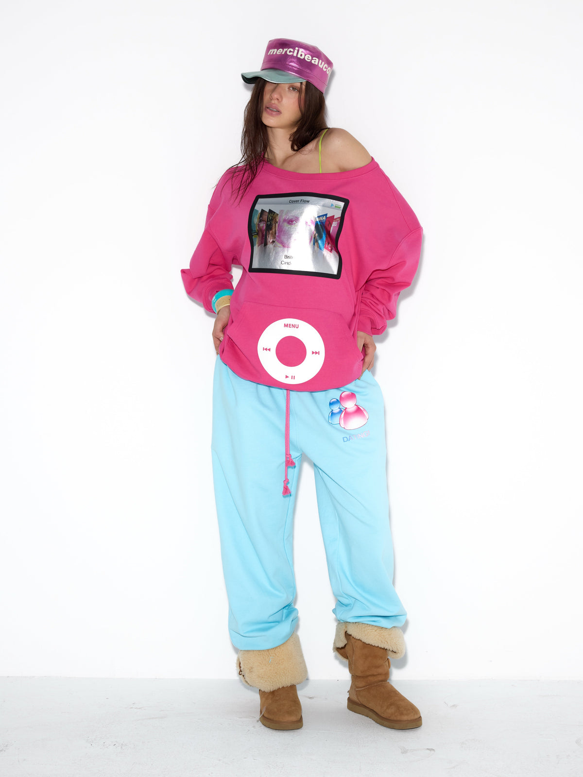 NORGIRA iPod Metallic Print Off-Shoulder Sweatshirt – Magenta