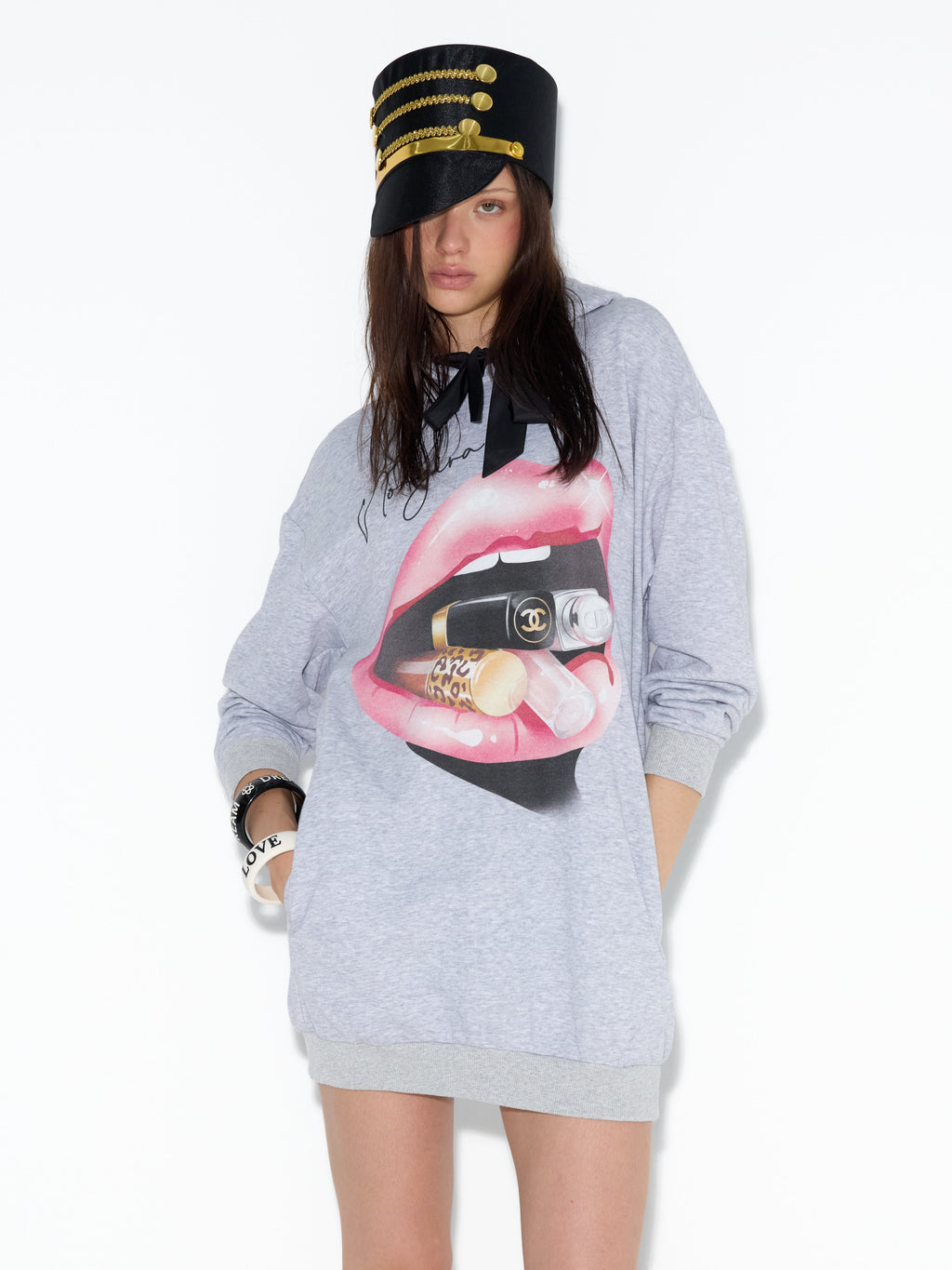 NORGIRA Lip Print Bow Hooded Sweatshirt Dress