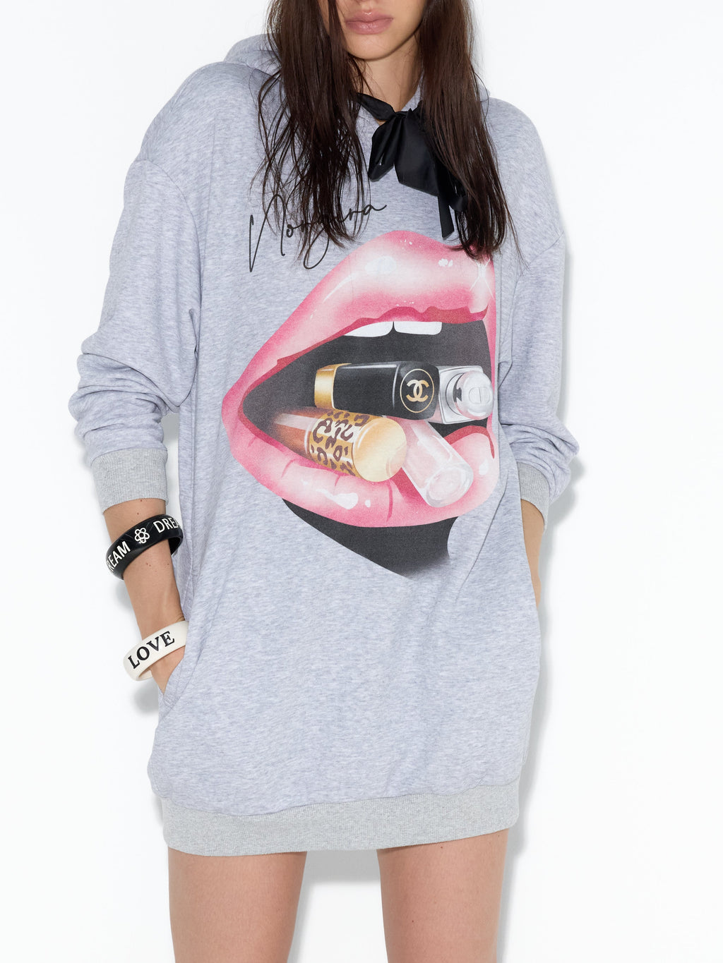 NORGIRA Lip Print Bow Hooded Sweatshirt Dress