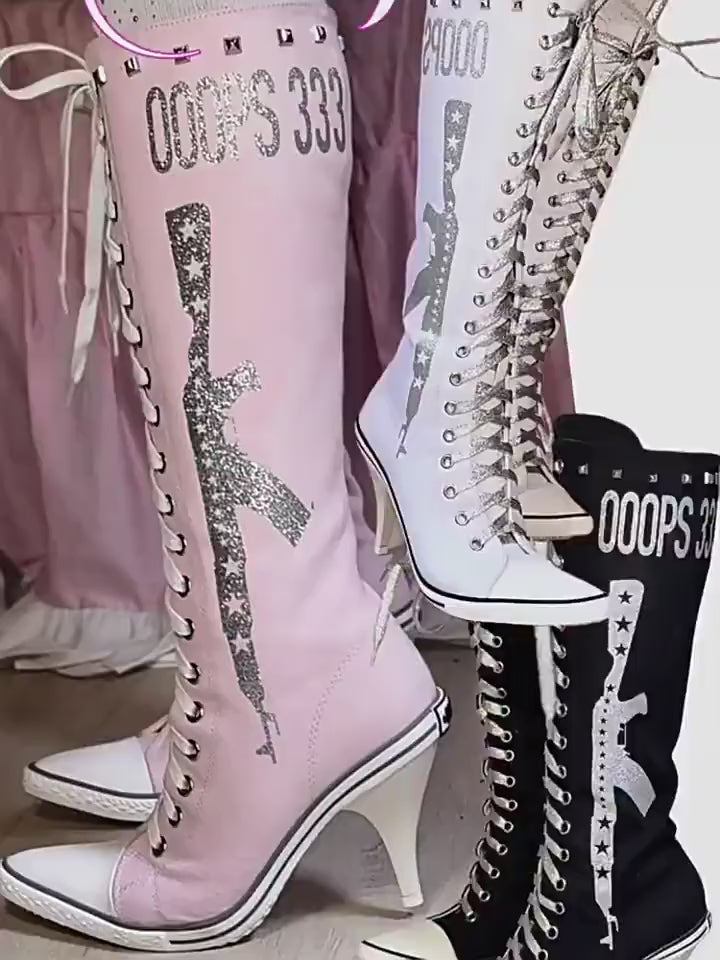 Ooops333 Studded Glitter Canvas Lace-Up Knee-High Boots