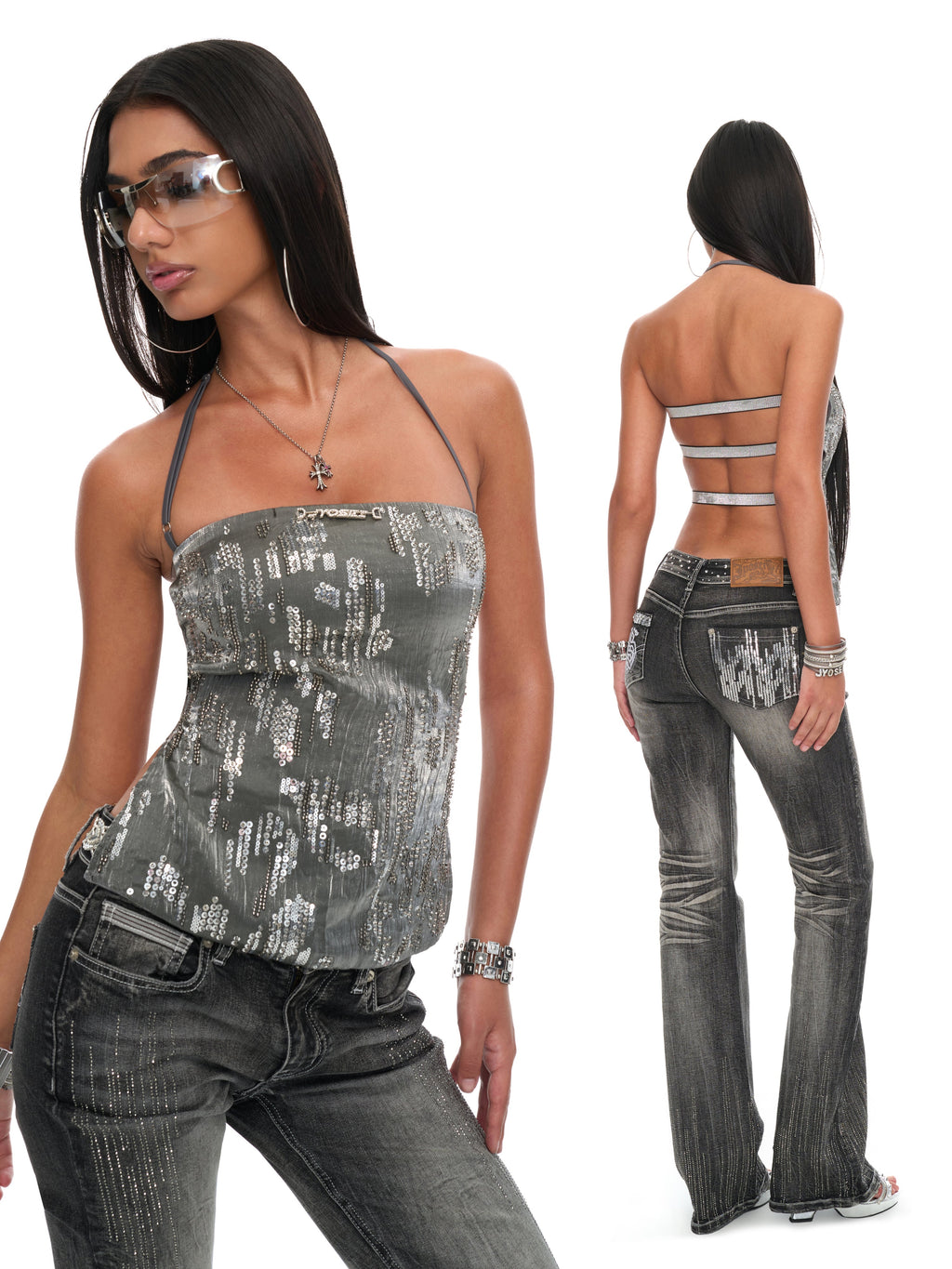 Roxy metallic crystal halter backless top
