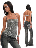 Roxy metallic crystal halter backless top