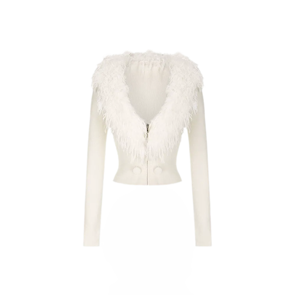 NOLA Wool Blend Cropped V-Neck Zip Jacket – Shearling Collar Knit