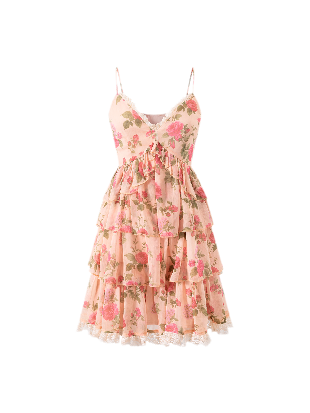 Y2K Floral Chiffon Lace Ruffle A-Line Cami Dress