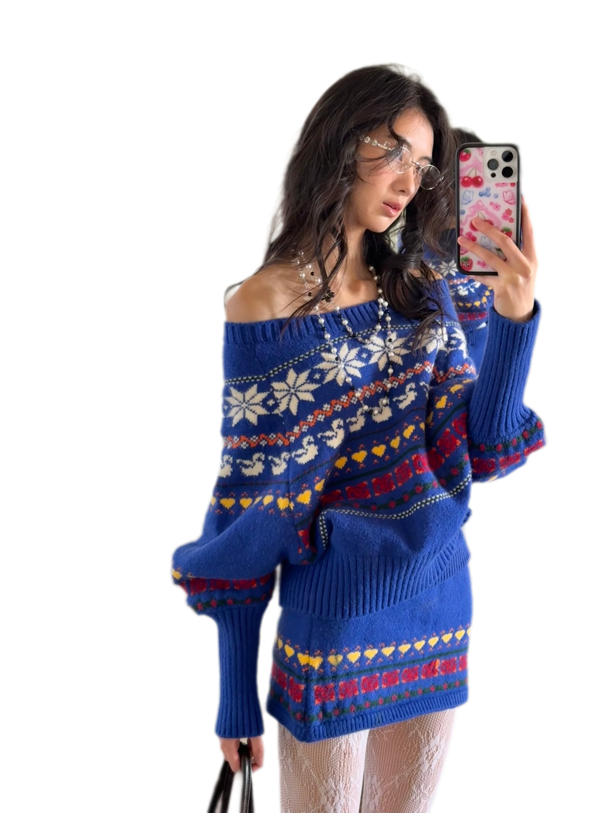 Fair Isle Celestial Jacquard One-Shoulder Knit Top & Skirt Set with Rose Scarf