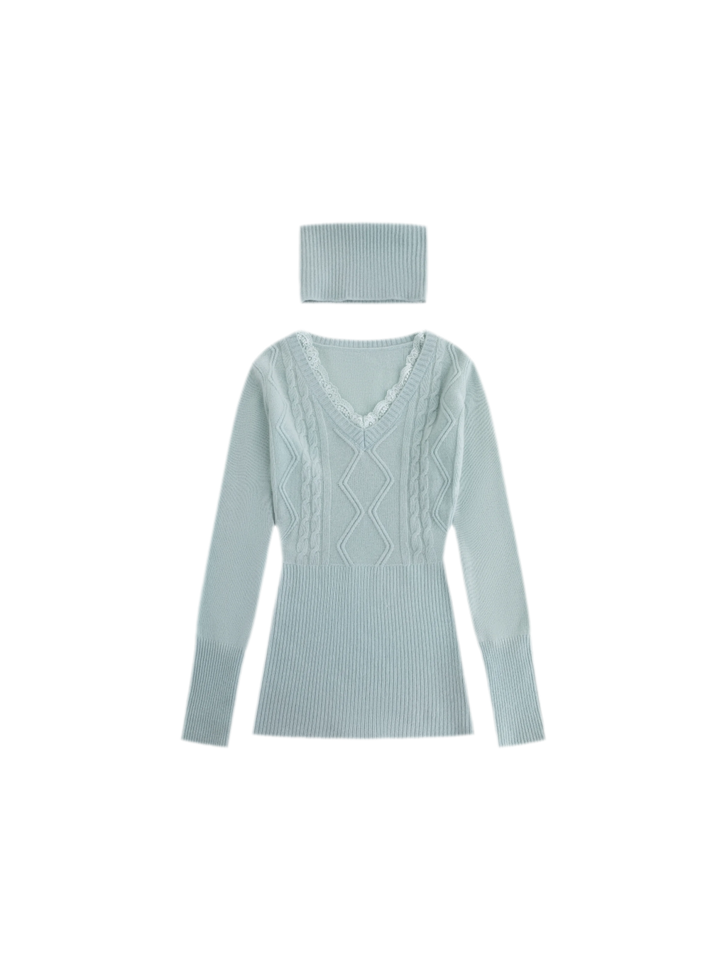 Merino Wool Fitted Bodysuit with Lace Neckline & Neck Warmer